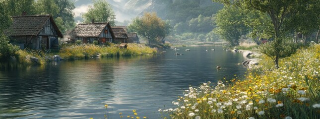 Poster - Serene riverside scene with quaint houses and blooming flowers.