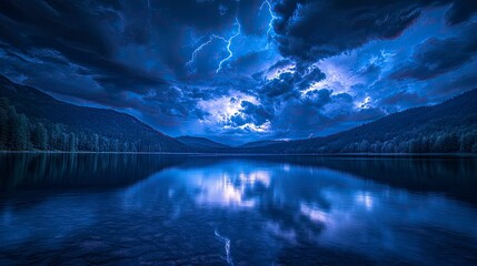 A thunderstorm over a serene lake, with lightning bolts reflecting off the water's surface and creating dramatic patterns of light. The dark storm clouds and bright flashes of light contrast with the