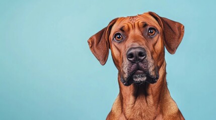 A close-up portrait of a dog against a blue background, showcasing its expression.