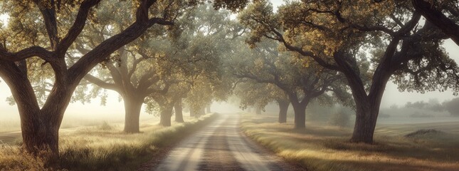 Sticker - A serene dirt road lined with trees, bathed in soft morning light.