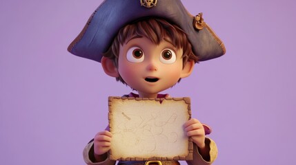 Wall Mural - A young pirate boy excitedly holds a treasure map, showcasing adventure and imagination.