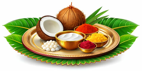 Wall Mural - Bhai Dooj Tika Plate and Coconut Isolated on White Background - Abstract Vector Design Highlighting Traditional and Modern Festival Elements