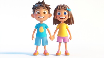 Poster - Two cheerful cartoon children holding hands, smiling against a white background.