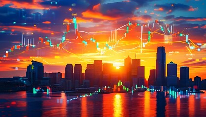 Canvas Print - Dynamic City Skyline with Financial Chart at Sunset, Illustrating Market Analysis in Urban Landscape