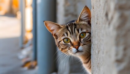 Wall Mural - Curious tabby cat with bright yellow eyes peeking around a corner