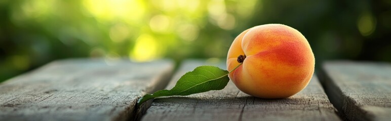 A fresh peach resting on a wooden surface with a green background.