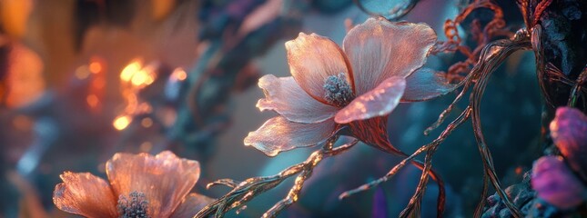 Canvas Print - A close-up of luminous flowers intertwined with vibrant foliage in a fantastical setting.