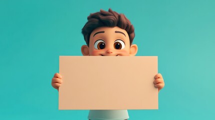 A cartoon boy holding a blank sign with a playful expression against a blue background.