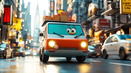 Sticker - A cheerful animated delivery van driving through a bustling city street, carrying packages.