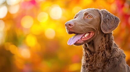 Wall Mural - A happy brown dog with a playful expression against a vibrant autumn background.