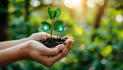 Wall Mural - Nurturing Green Future: Hands Cradling Sapling Amidst ESG Symbols Reflecting Environmental, Social, and Governance Values in Natural Surroundings