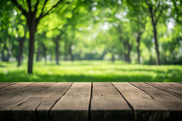 Empty wooden table top with a blurred green park background for product display montage, a summer concept. 