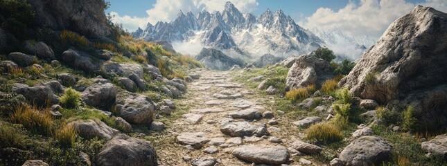 Poster - A scenic rocky pathway leads to majestic mountains under a bright sky.