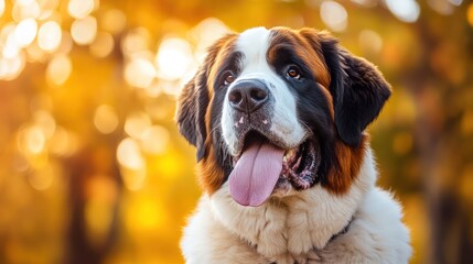 A close-up of a Saint Bernard dog with a joyful expression against a blurred autumn background.