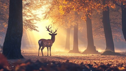 Canvas Print - A serene deer stands in a sunlit forest during autumn, surrounded by colorful foliage.