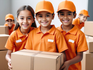 a child in uniform acting as a delivery man, standing holding a parcel box, smiling face