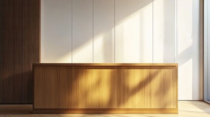 Poster - A sleek, wooden reception desk sits in a bright, minimalist room, warmed by soft morning sunlight streaming through large windows