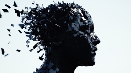 Poster - A striking silhouette of a human head appears to disintegrate into geometric black shards, creating a powerful visual representation of fragmentation and transformation
