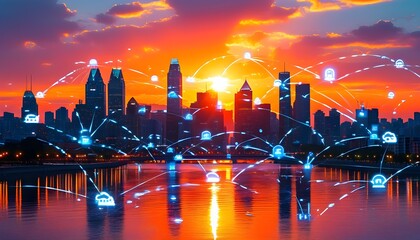 Wall Mural - Dynamic Urban Skyline at Sunset Showcasing Cloud Computing and Digital Data Exchange with Virtual Networking and Global Connectivity