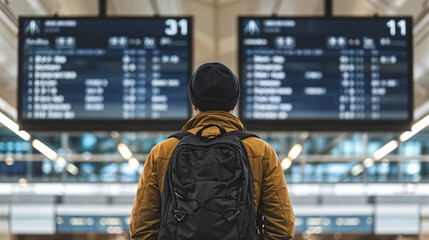 Fototapete - A man wearing a backpack stands in front of a large display of flight information.