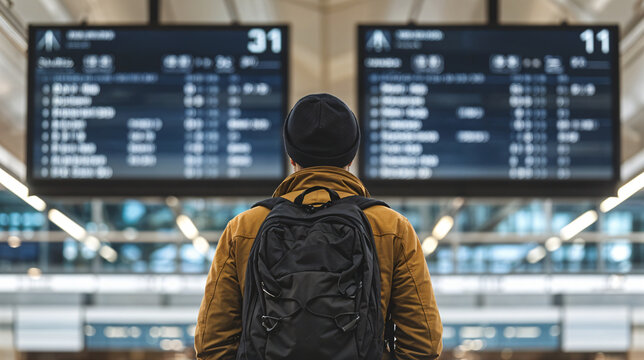 A man wearing a backpack stands in front of a large display of flight information.