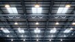 © angel_nt - The perspective captures a vast industrial ceiling featuring multiple skylights and bright overhead lights, illuminating the space with natural and artificial light