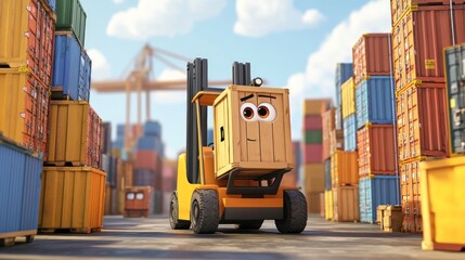 Canvas Print - A cheerful forklift character in a vibrant shipping yard filled with colorful containers.