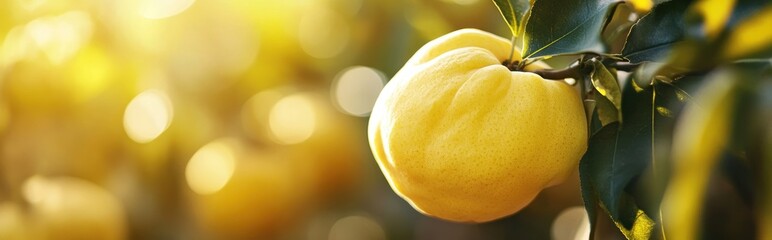 Wall Mural - A close-up of a yellow fruit hanging from a tree branch in soft sunlight.