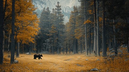 Poster - A bear wandering through a tranquil autumn forest with vibrant orange foliage.