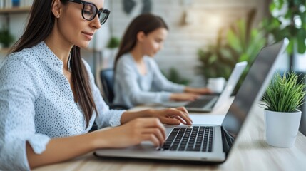 Poster - Two young women are focused on their work at stylish desks, typing on laptops in a contemporary office environment filled with greenery and natural light