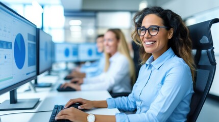 Poster - A professional woman with glasses smiles as she types on her computer, surrounded by colleagues in a bright, modern office