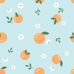 Poster - Seamless pattern with orange and cute flower on green background vector.