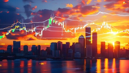 Canvas Print - Dynamic City Skyline with Financial Chart at Sunset, Illustrating Market Analysis in Urban Landscape