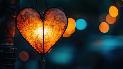 Wall Mural - Heart-shaped lantern glowing softly in the dark as a symbol of hope