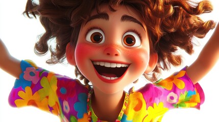 Wall Mural - A joyful animated character with curly hair, wearing a colorful floral shirt, smiling widely.