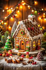 Christmas gingerbread house with rich delicious decorations. Perfect for festive promotional materials, greeting cards  and backgrounds for seasonal celebrations.