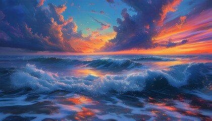 Wall Mural - Mystical Seascape of Ethereal Waves Beneath Dreamlike Skies with Vivid Colors and Surreal Lighting