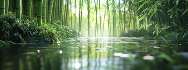 Wall Mural - Serene bamboo forest with a tranquil water reflection and soft sunlight filtering through.