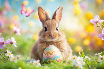 A playful bunny rests among vibrant spring flowers and colorful eggs in a cheerful garden at dawn, welcoming the Easter season. Generative AI