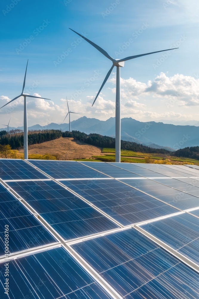 Wind turbines and solar panels harnessing renewable energy in a scenic ...