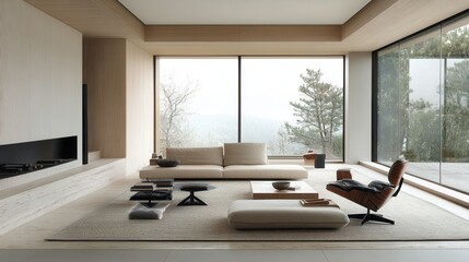 Wall Mural - Minimalist living room with modern furniture and natural materials