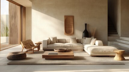 Wall Mural - Minimalist living room with modern furniture and natural materials