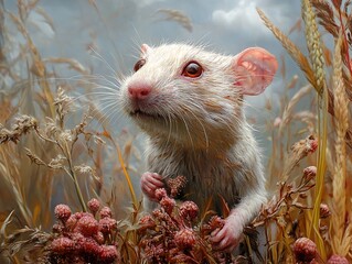 Canvas Print - White Rat in a Field of Grass - Close-Up Portrait