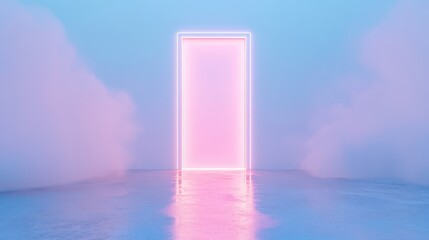 Wall Mural - A neon pink door is lit up in a room with a blue sky background