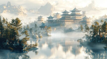 Wall Mural - Serene landscape featuring a majestic, mist-covered palace.