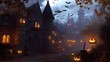 © Tonadech - A haunted Halloween night with a creepy castle bats flying overhead witches stirring cauldrons on broomsticks and glowing ghosts floating in the courtyard