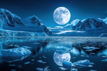 Sticker - A serene night scene of icy mountains and a full moon reflecting on calm waters.