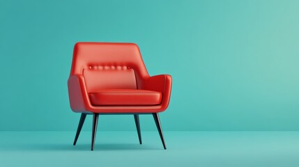 Wall Mural - Red modern chair in front of a bright teal wall in a minimalist interior design setting