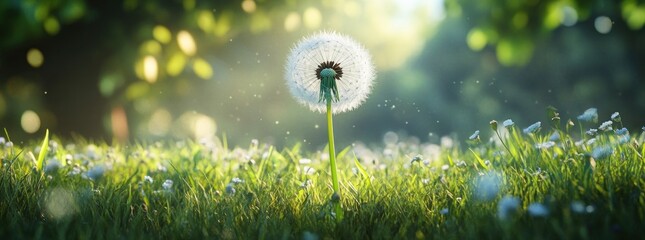 Poster - A close-up of a dandelion puff in a sunlit grassy field, surrounded by soft bokeh effects.