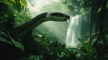 Poster - A snake poised among lush vegetation near a waterfall in a vibrant jungle setting.